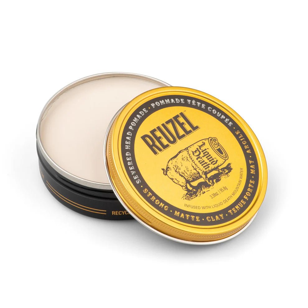 REUZEL x Liquid Death Severed Head Pomade Roughed - Up Texture - Strong Hold Clay - Matte Finish - Barbermarket - styling gel